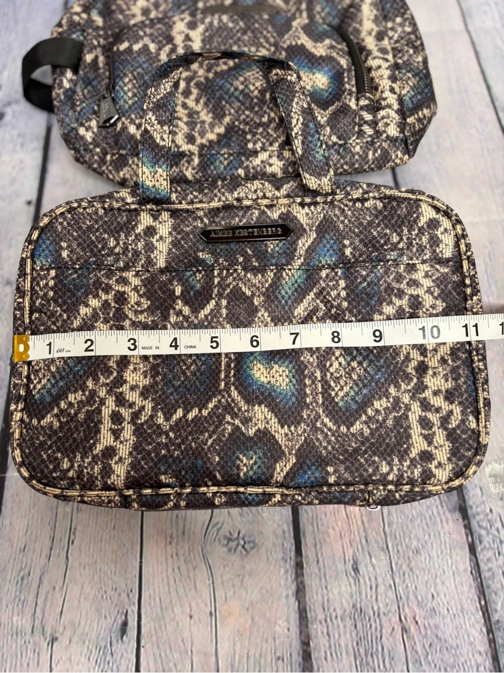 Aimee Kestenberg Blue Tan Snakeskin Print Hanging Travel Toiletry Cosmetic Bag